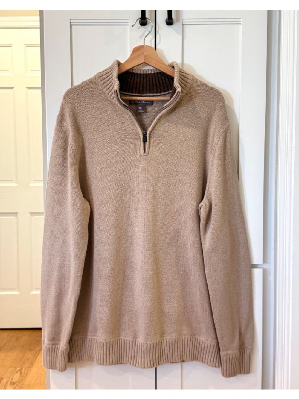 Eddie Bauer Quarter Zip Sweater Mens XL Tan Brown Cotton Mock Neck Gorpcore Fall